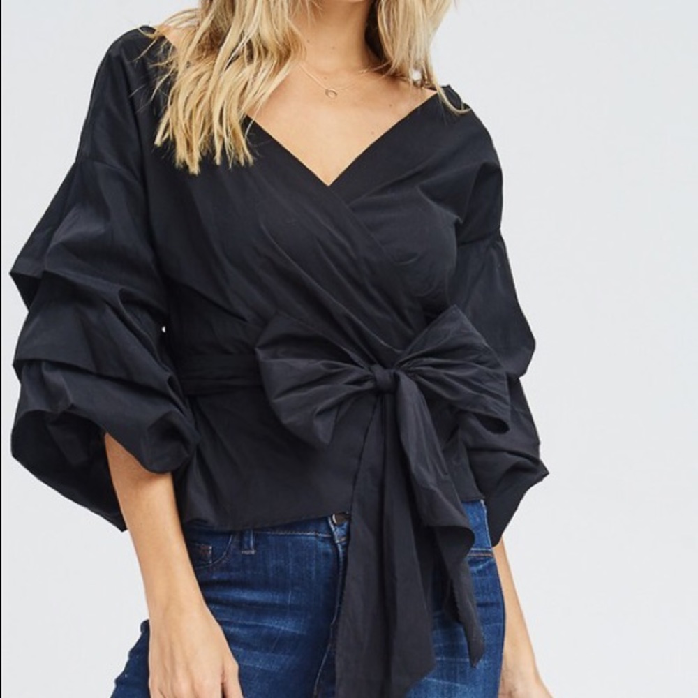Black Bow Wrap Top